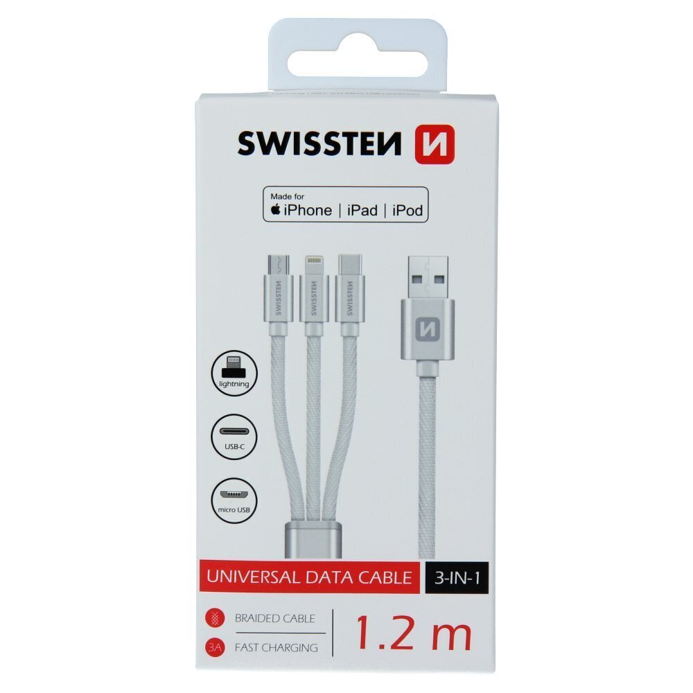 Swissten Textile 3in1 datakaapeli Lightning/USB-C/MircoUSB 1,2 m Hopea hinta ja tiedot | Kaapelit ja adapterit | hobbyhall.fi