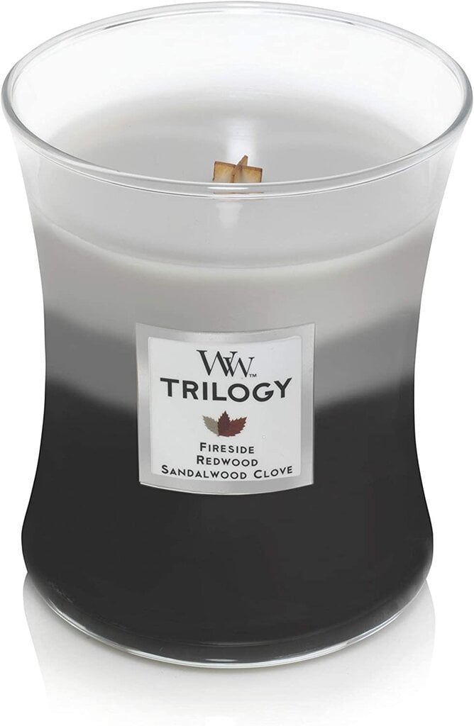 WoodWick Tuoksukynttilä Trilogy Fireside, Redwood, Sandalwood Clove 275g hinta ja tiedot | Kynttilät ja kynttilänjalat | hobbyhall.fi