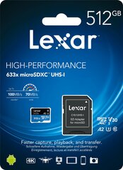 Lexar High-Performance 633x UHS-I MicroSDXC, 512 GB, Flash memory class 10, Black hinta ja tiedot | Lexar Puhelimet, älylaitteet ja kamerat | hobbyhall.fi