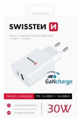 Swissten GaN, USB-C / USB, 3A hinta ja tiedot | Puhelimen laturit | hobbyhall.fi
