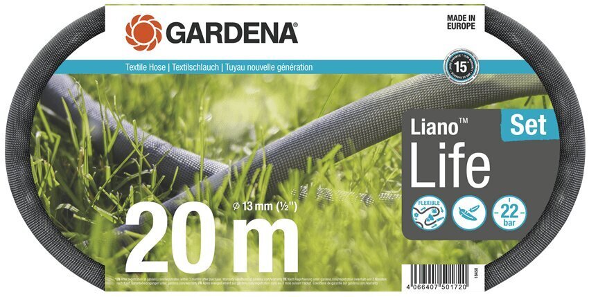 Tekstiililetkusarja Gardena Liano™ Life 18450-20, 20m hinta ja tiedot | Puutarhaletkut, kastelukannut ja muut kastelutarvikkeet | hobbyhall.fi