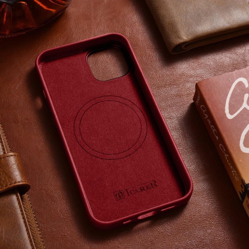 iCarer Leather iPhone 14 punainen (WMI14220705-RD) (MagSafe-yhteensopiva) hinta ja tiedot | Puhelimen kuoret ja kotelot | hobbyhall.fi