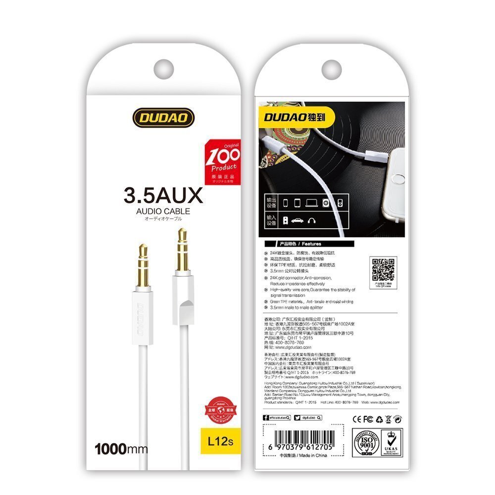 Dudao AUX mini jack 3.5mm, 1m 3-napainen stereo (L12S valkoinen) hinta ja tiedot | Puhelinkaapelit | hobbyhall.fi