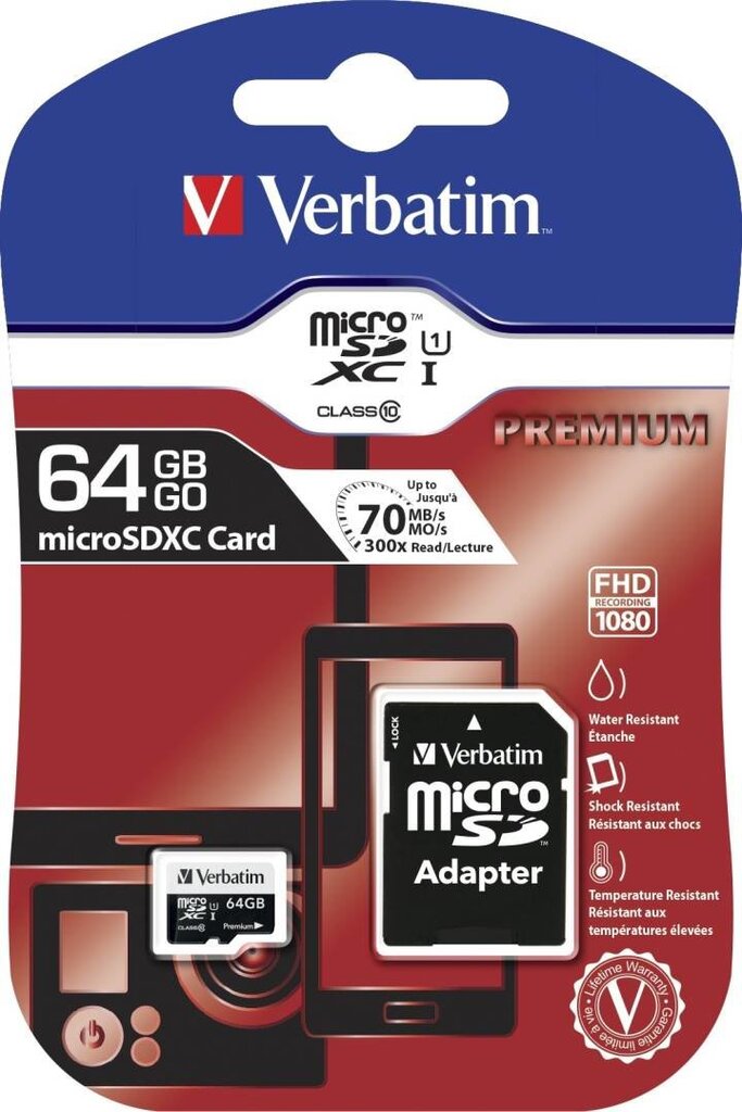 Muistikortti Verbatim - Micro SDHC 64GB Class10 UHS-I + sovitin hinta ja tiedot | Kameran muistikortit | hobbyhall.fi