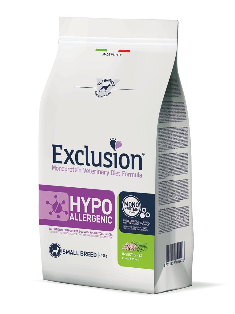 Exclusion Hypoallergic Monoprotein pienten rotujen koirille ruokaa hyönteisten ja herneiden kanssa, 2 kg hinta ja tiedot | Koiran kuivaruoka | hobbyhall.fi