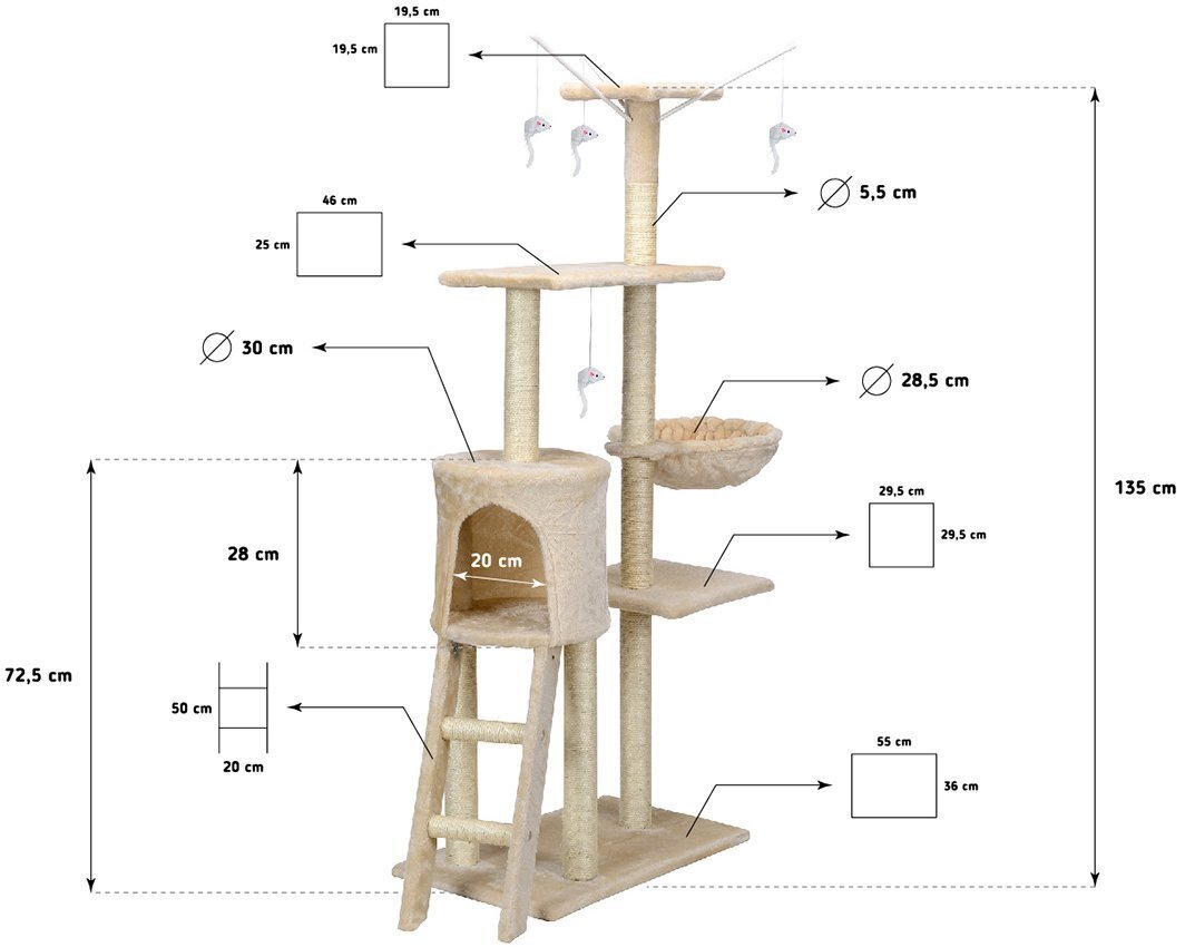 Funfit kissan raapimispöytä leluilla, 135 cm, beige hinta ja tiedot | Raapimispuut ja kiipeilypuut | hobbyhall.fi