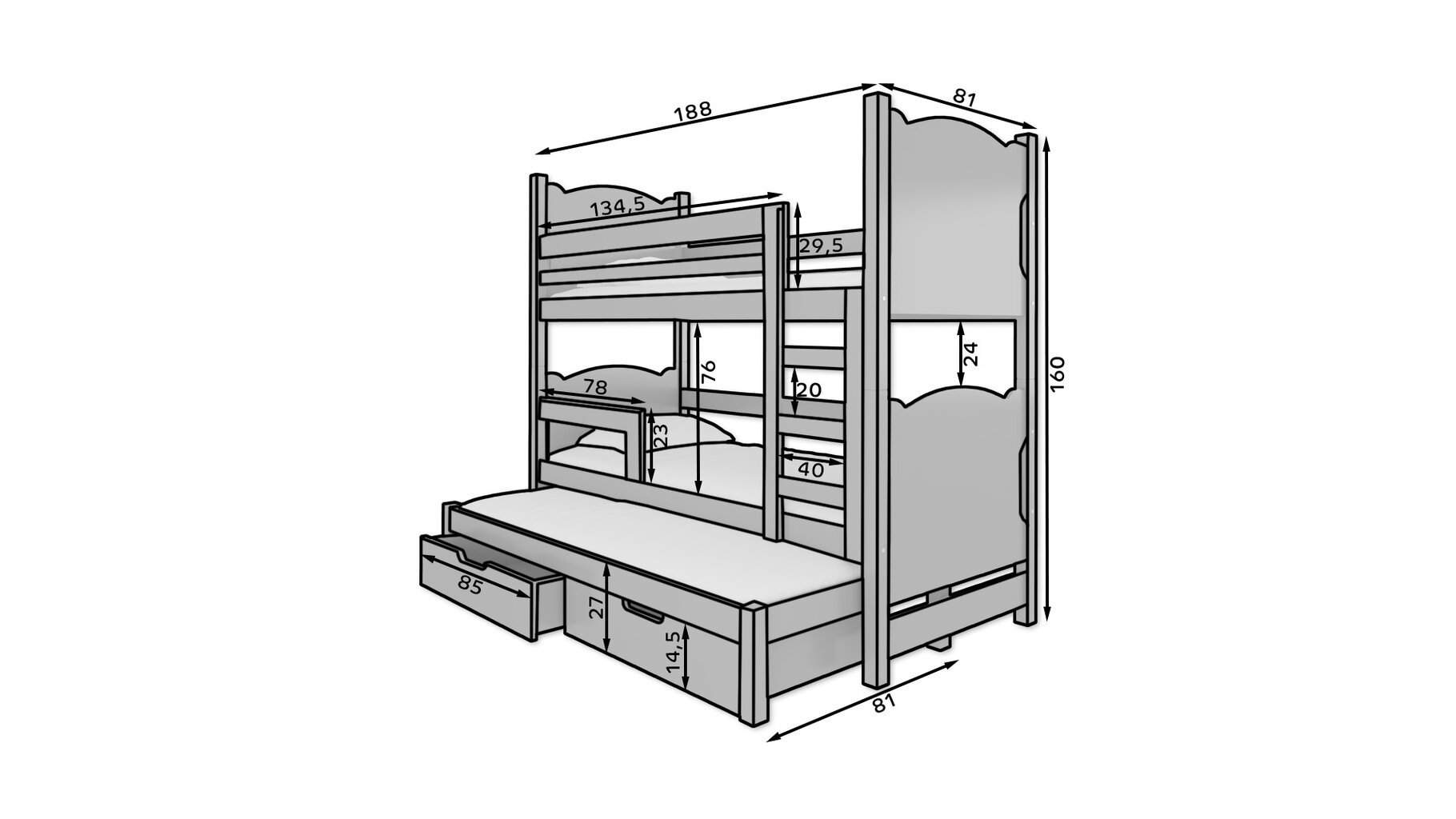 Adrk Furniture Leticia, Kerrossänky 180x75/172x75 cm, valkoinen hinta ja tiedot | Lastensängyt | hobbyhall.fi