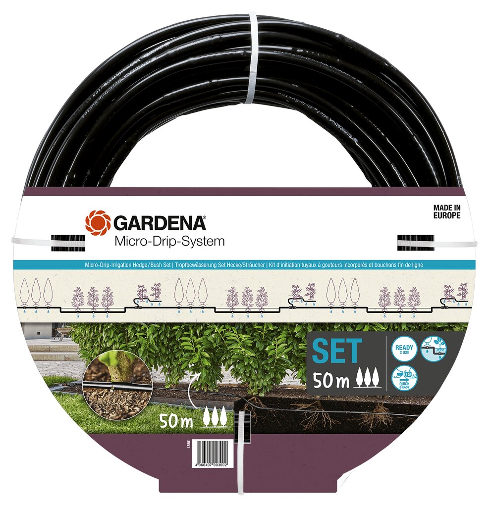 Tippakastelujärjestelmä pensaille/pensasaidoiille Gardena Micro-Drip, 50m hinta ja tiedot | Puutarhaletkut, kastelukannut ja muut kastelutarvikkeet | hobbyhall.fi