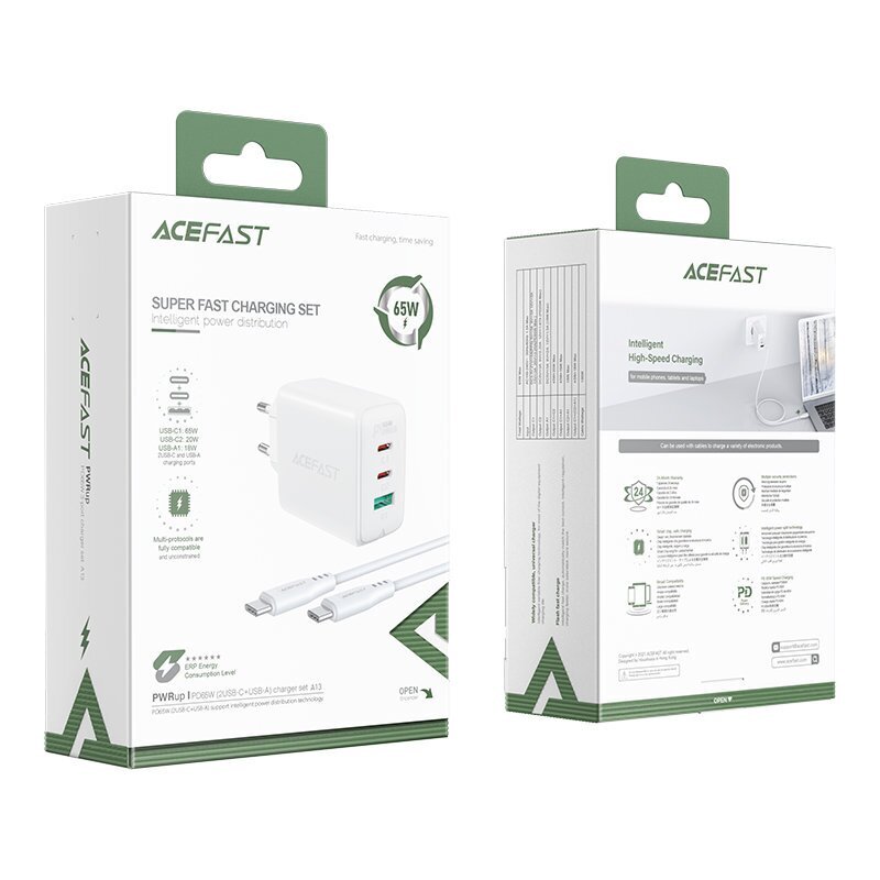 Acefast 2in1 laturi 2x USB Type C/USB 65W, PD, QC 3.0, AFC, FCP (kaapelilla) (A13) hinta ja tiedot | Puhelimen laturit | hobbyhall.fi