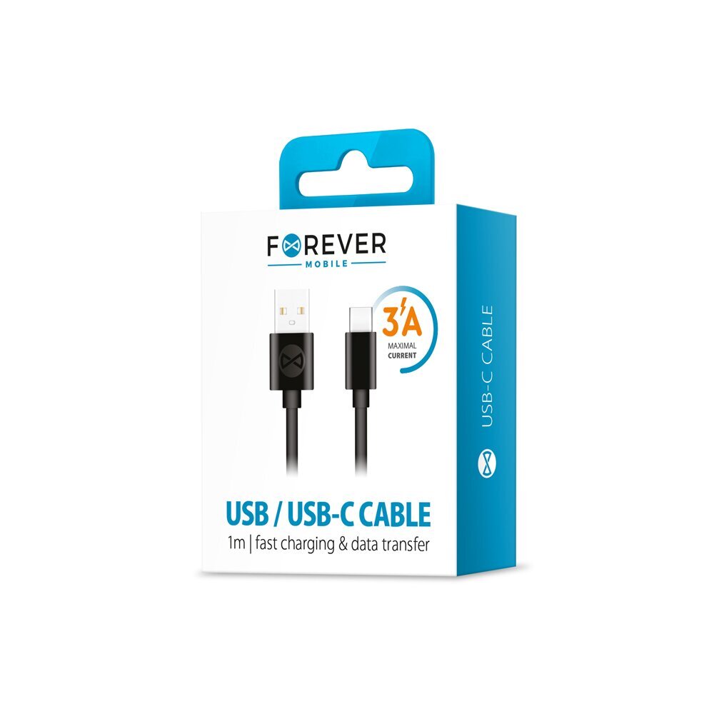 Forever cable USB - USB-C 1,0 m 3A black hinta ja tiedot | Puhelinkaapelit | hobbyhall.fi