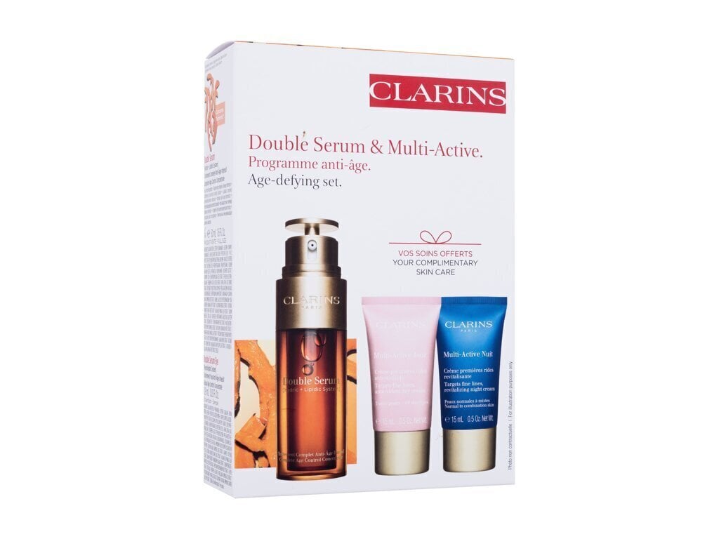 Kasvojen ihonhoitosetti Clarins Program Double & Multi Active: Kasvoseerumi, 50 ml + päiväkasvovoide, 15 ml + yökasvovoide, 15 ml hinta ja tiedot | Kasvoöljyt ja seerumit | hobbyhall.fi