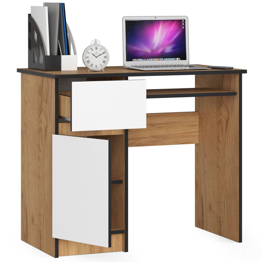 Tietokonepöytä Pixel, 90 cm, tammi/valkoinen väri hinta ja tiedot | Tietokonepöydät ja työpöydät | hobbyhall.fi