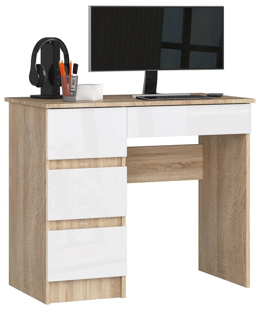 Tietokonepöytä A-7 90 cm vasen - sonoma-kiiltävä valkoinen hinta ja tiedot | Tietokonepöydät ja työpöydät | hobbyhall.fi
