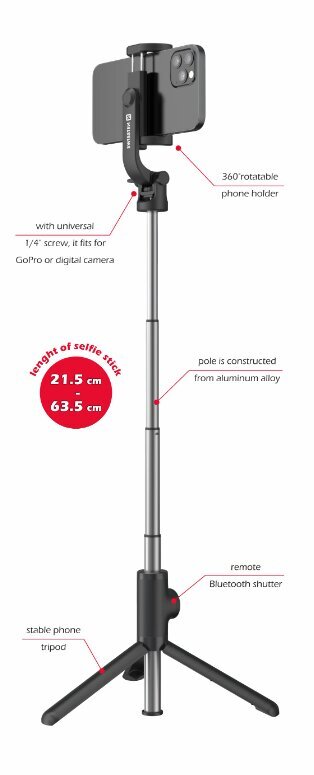 Swissten Bluetooth Selfie Stick Aluminum Tripod For Mobile Phones and GoPro With Remote Control hinta ja tiedot | Selfie-tikut ja -telineet | hobbyhall.fi