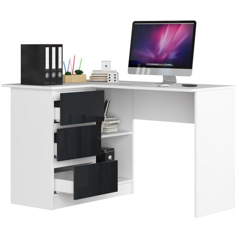 NORE B16 - kirjoituspöytä, 124,5 x 77 x 85 cm, hyllystö vasemmalla, valkoinen / musta hinta ja tiedot | Tietokonepöydät ja työpöydät | hobbyhall.fi