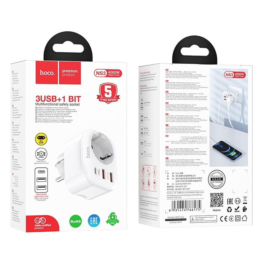 Laturi Hoco Monikäyttöinen C-tyypin laturi PD20W + 2x USB QC3.0 3A + pistorasia - valkoinen hinta ja tiedot | Puhelimen laturit | hobbyhall.fi