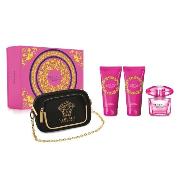 Setti naisille: Versace Bright Crystal Absolu EDP 90 ml + vartalovoide 100 ml + suihkugeeli 100 ml + kosmetiikkalaukku.