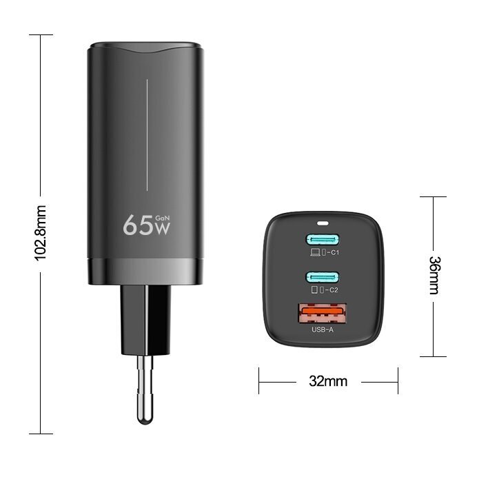 Puhelimen laturi Feegar Gall GaN 65 W USB C -laturi USB C -virtalähde 3-porttinen laturi PD-virtalähdelaturi PPS GaN Techin kanssa hinta ja tiedot | Puhelimen laturit | hobbyhall.fi