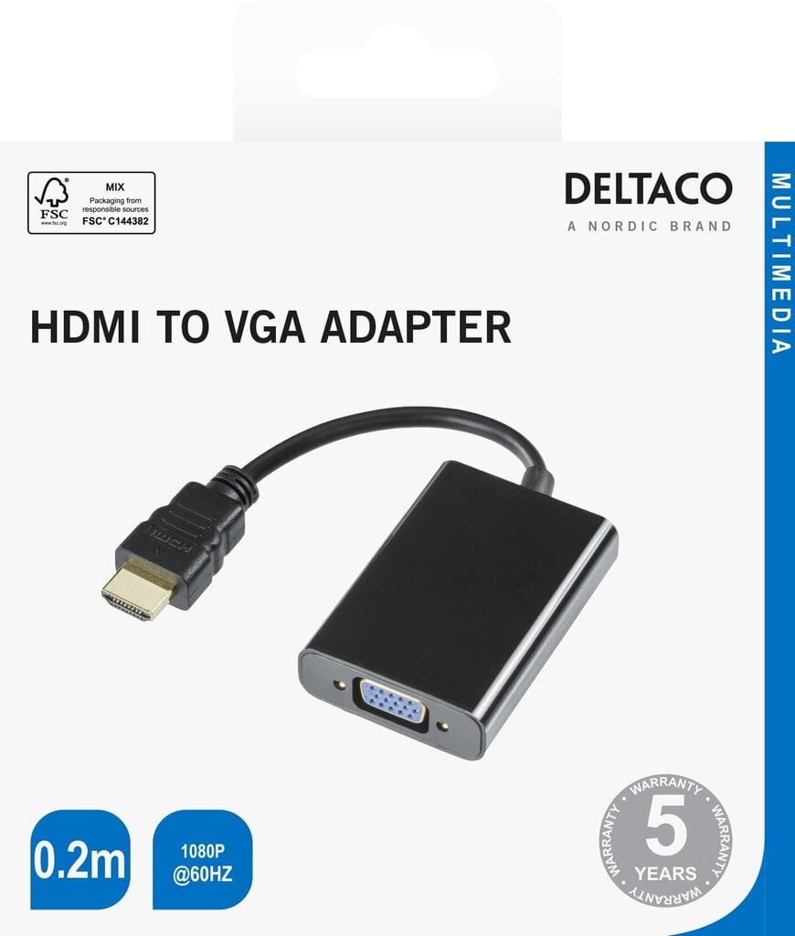 DELtaco-sovitin HDMI - VGA, 1920x1080 60Hz, 0,2 m hinta ja tiedot | Adapterit | hobbyhall.fi