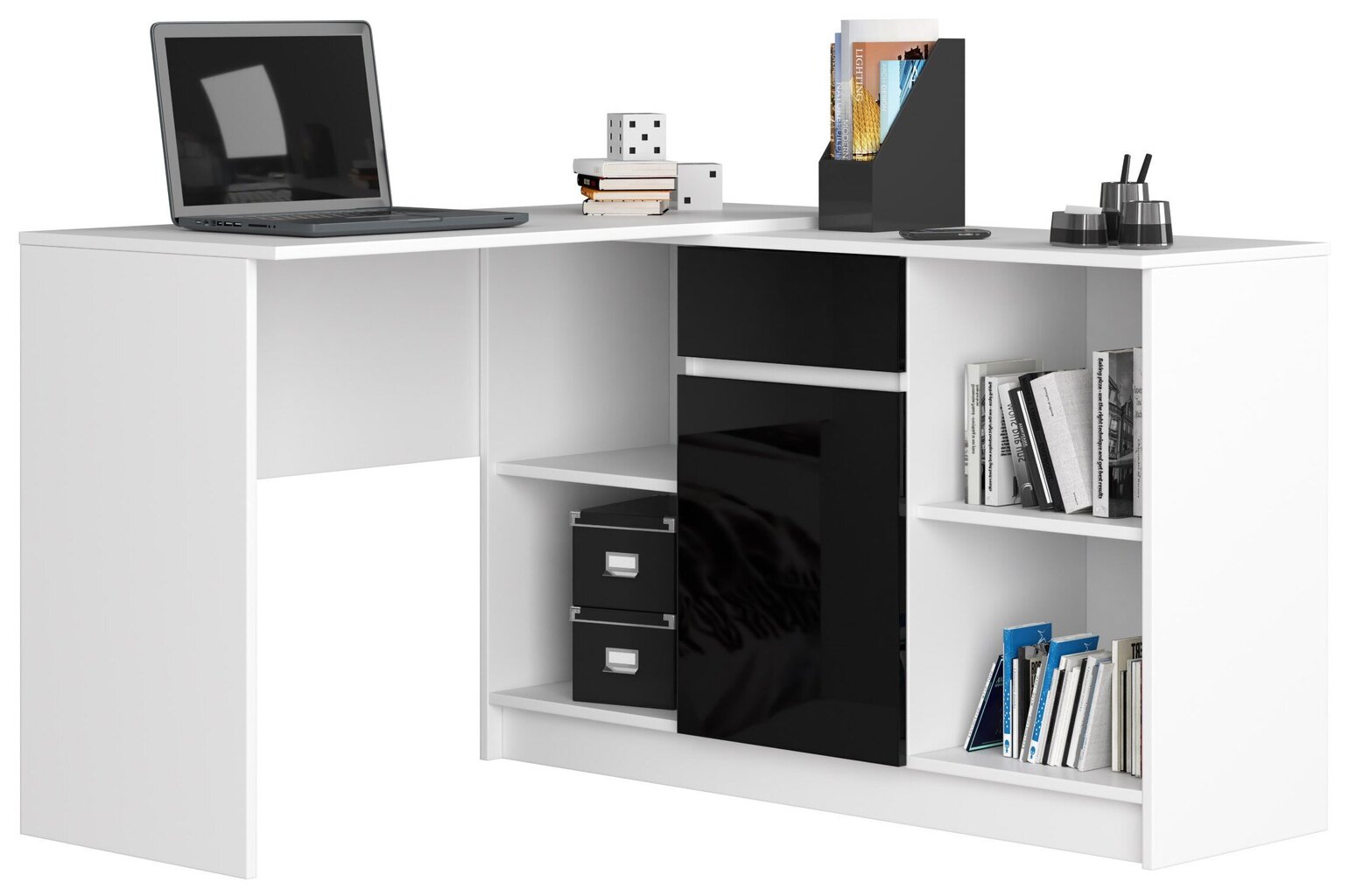 NORE B17 -kirjoituspöytä hyllyillä, 120 x 77/79 x 126 cm, valkoinen / musta hinta ja tiedot | Tietokonepöydät ja työpöydät | hobbyhall.fi
