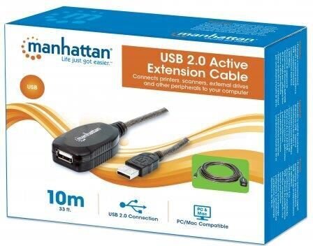 USB-jatkoyhteys Manhattan USB 2.0 A-A M/F 10m, aktiivinen hinta ja tiedot | Puhelinkaapelit | hobbyhall.fi