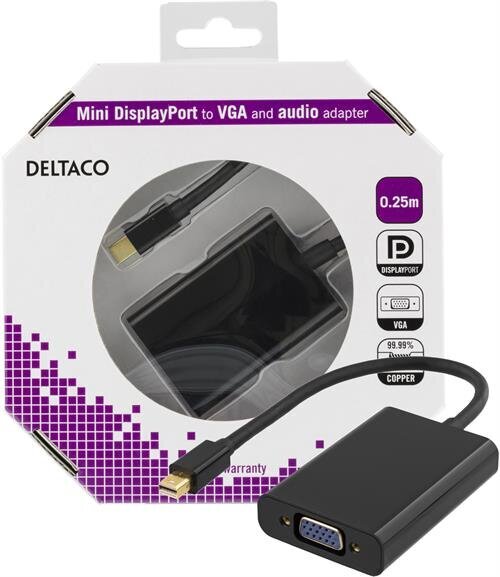 Deltaco DP-VGA13-K, Mini DisplayPort, VGA, 0.25m hinta ja tiedot | Adapterit | hobbyhall.fi