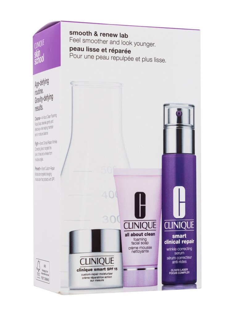 Clinique Smooth & Renew -kasvohoitopakkaus: Smart Clinical Repair ryppyjä korjaava seerumi, 30 ml + Smart Custom-Repair kasvovoide SPF15, 15 ml + vaahtoava kasvosaippua, 30 ml hinta ja tiedot | Kasvoöljyt ja seerumit | hobbyhall.fi