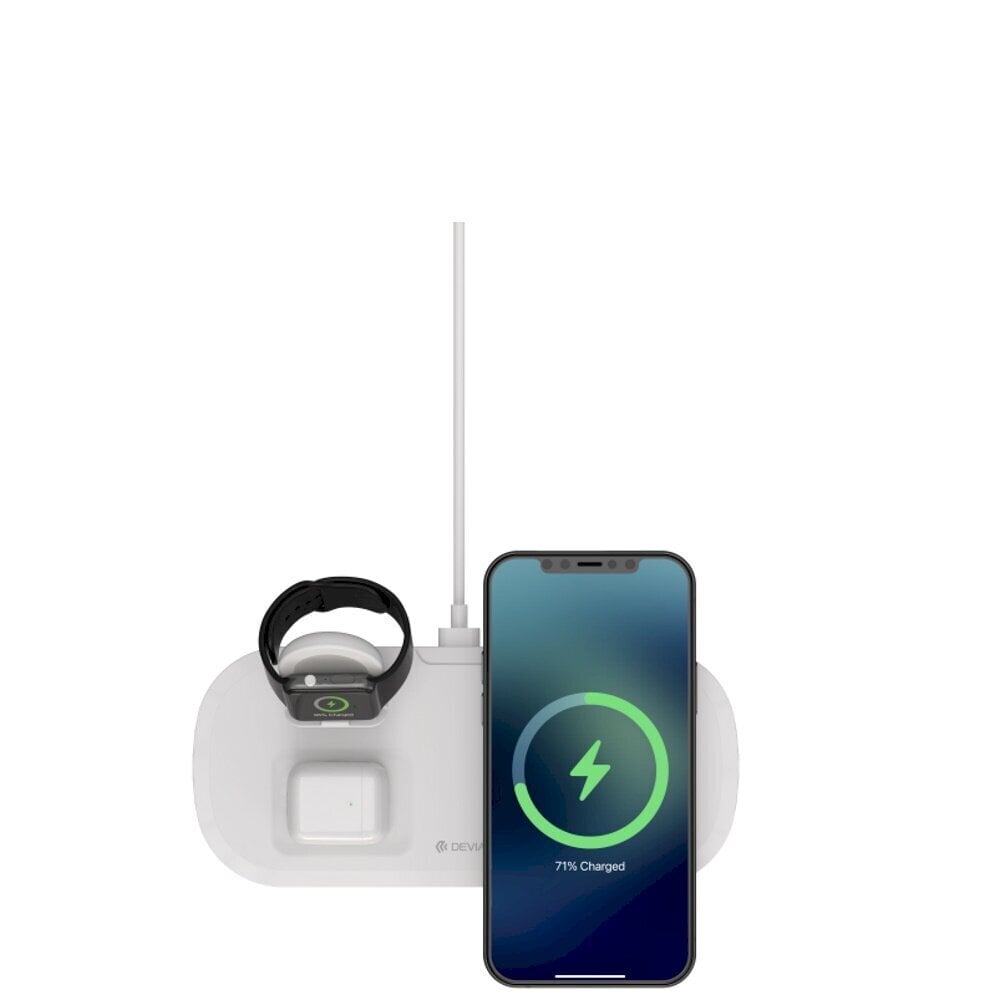 Devia 3 in 1 langaton laturi iPhonelle / Airpods / Apple Watch 5V / 2A / 15W / + USB-C kaapeli / valkoisen värinen hinta ja tiedot | Puhelimen laturit | hobbyhall.fi