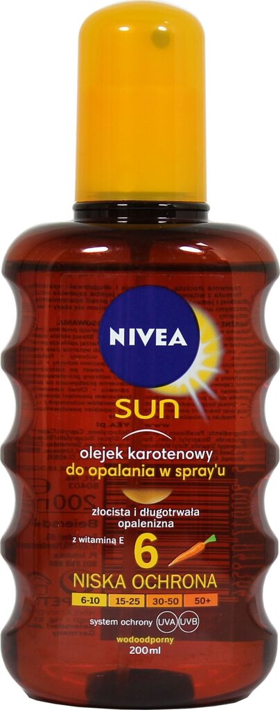 ​​SPF6 Nivea Sun, Suojaava öljysuihke aurinkoa vastaan, 200 ml hinta ja tiedot | Aurinkovoiteet | hobbyhall.fi