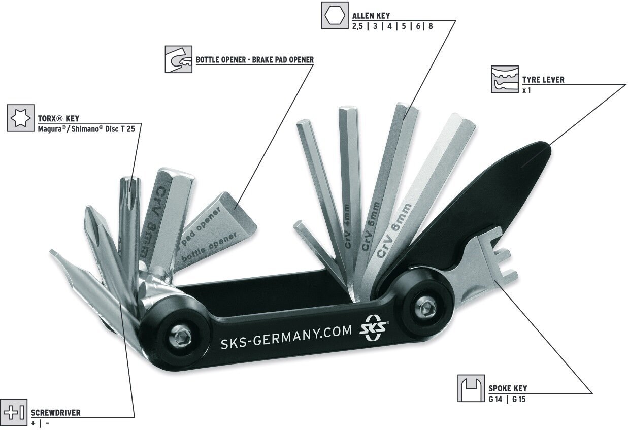 Kokoontaitettava avainsarja SKS Tom 14in1 Multitool hinta ja tiedot | Polkupyörän työkalut ja huoltotuotteet | hobbyhall.fi