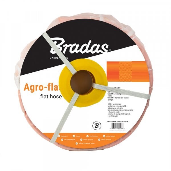 Litteä vesiletku Bradas AGRO-FLAT PE, 4 bar, 1 1/2"- 50 m, oranssi hinta ja tiedot | Puutarhaletkut, kastelukannut ja muut kastelutarvikkeet | hobbyhall.fi