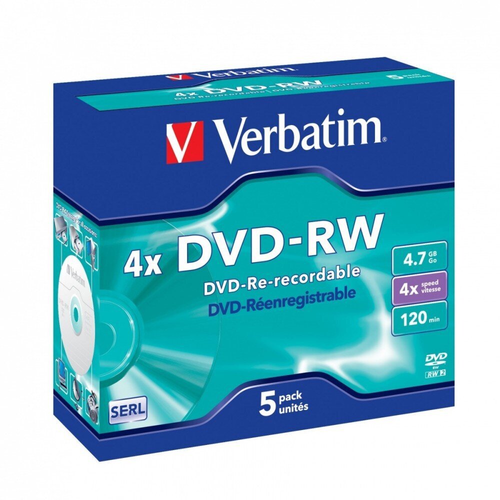 Verbatim DVD+RW, 4x, 4.7GB, 5 kpl (43285) hinta ja tiedot | Vinyylilevyt, CD-levyt, DVD-levyt | hobbyhall.fi