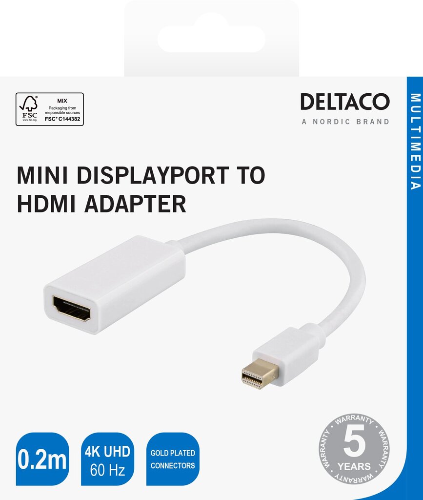 Adapter Deltaco miniDisplayPort, 4K UHD 60Hz, 0.2m, valge / 00110025 hinta ja tiedot | Adapterit | hobbyhall.fi