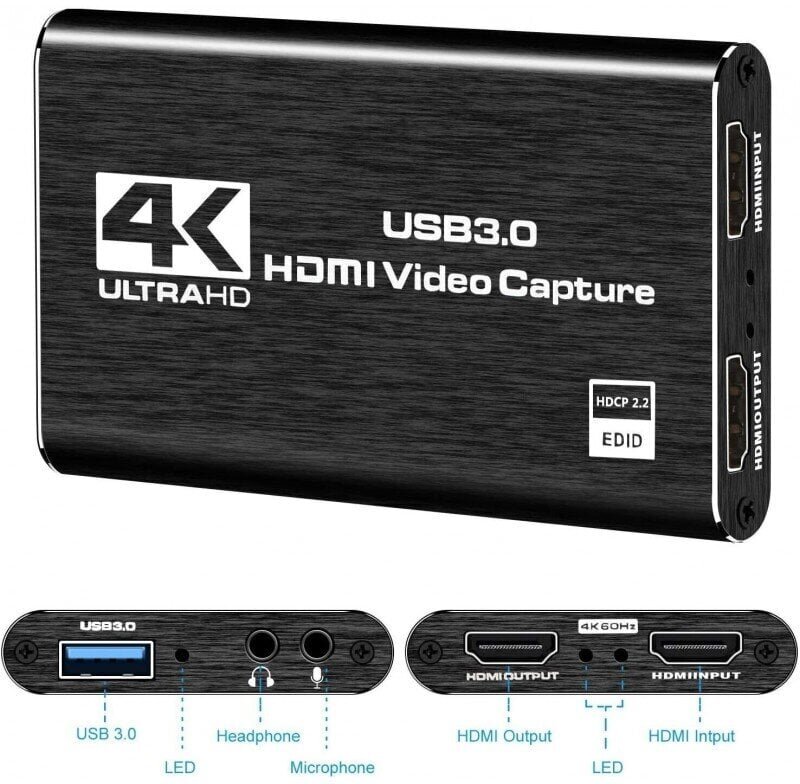 HDMI Video Capture Card 4K@60FPS / USB 3.0 / HDCP 2.2 hinta ja tiedot | Adapterit | hobbyhall.fi