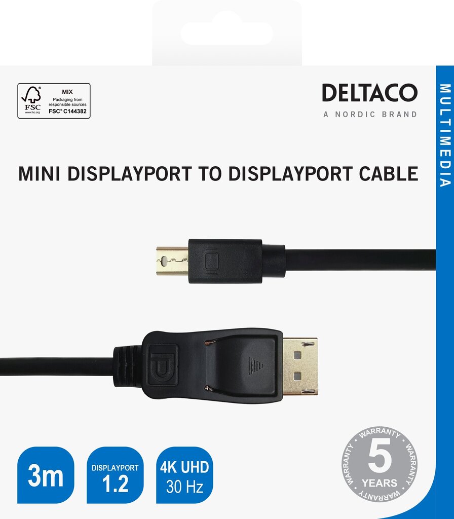 Deltaco, DisplayPort - mini DisplayPort, 4K UHD, 3 m hinta ja tiedot | Kaapelit ja adapterit | hobbyhall.fi