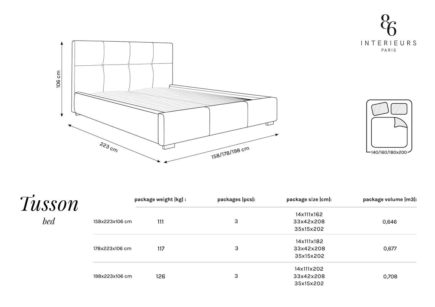 Interieurs 86 Tusson 140 cm x 200 cm, mustan värinen sänky hinta ja tiedot | Sängyt | hobbyhall.fi