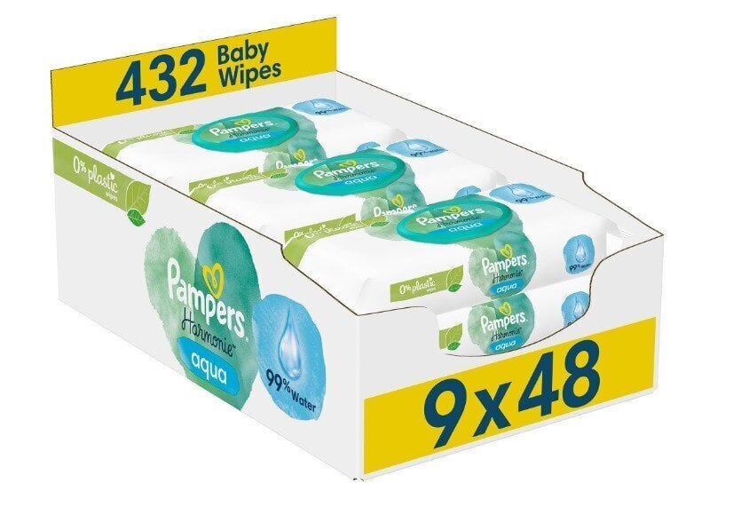 PAMPERS Harmonie Aqua Pure kosteat vauvapyyhkeet, 432 kappaletta hinta ja tiedot | Vauvojen kosteuspyyhkeet | hobbyhall.fi