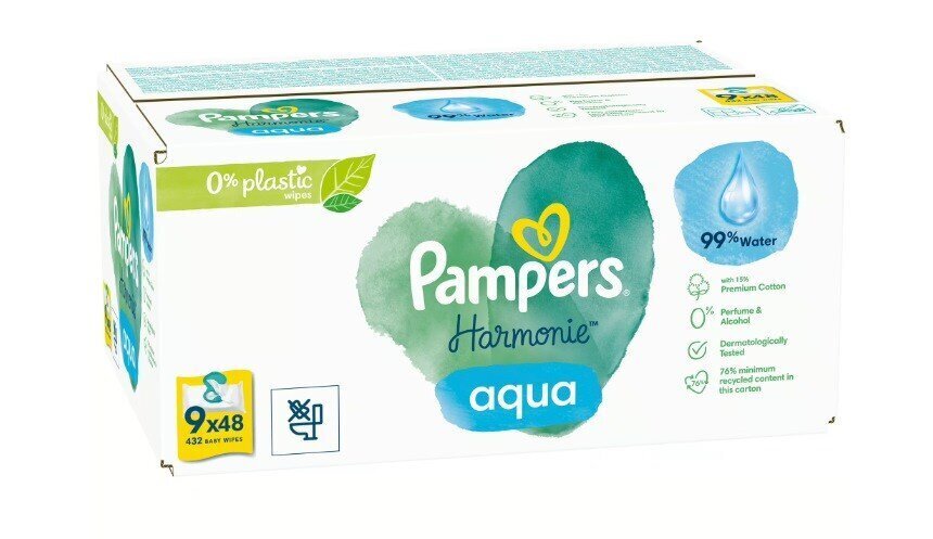 PAMPERS Harmonie Aqua Pure kosteat vauvapyyhkeet, 432 kappaletta hinta ja tiedot | Vauvojen kosteuspyyhkeet | hobbyhall.fi