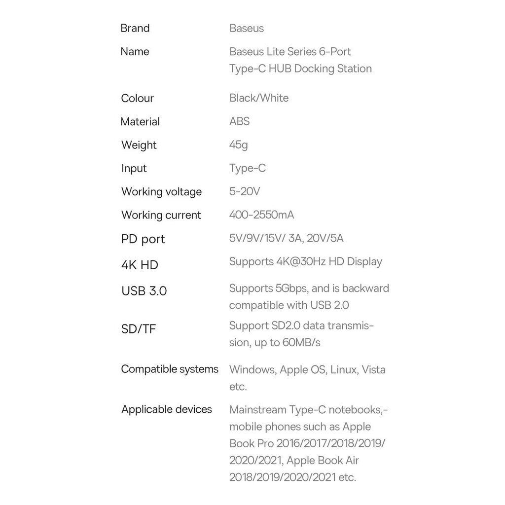 Adapteri Baseus Lite -sarjan USB Type C - 2 x USB 3.0 / USB Type C PD / HDMI 1.4 / SD / TF hinta ja tiedot | Adapterit | hobbyhall.fi