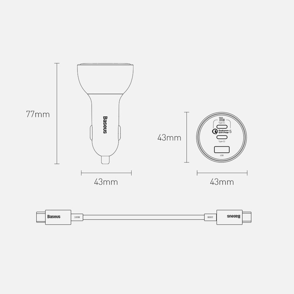 Autolaturi Baseus fast USB / USB Type C 160W PPS Quick Charge 5 PD gray (TZCCZM-0G) hinta ja tiedot | Puhelimen laturit | hobbyhall.fi