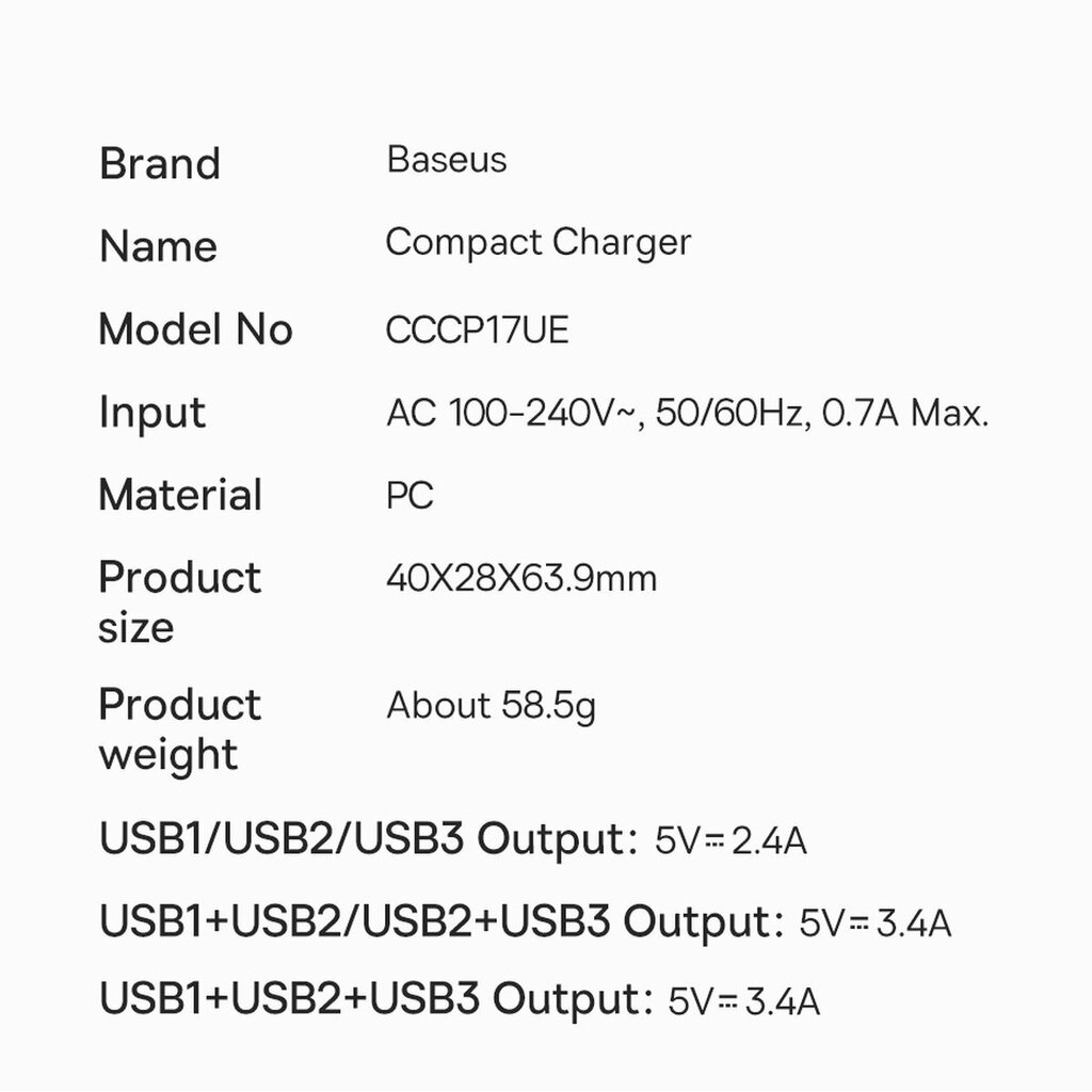 Baseus Compact 3x USB 17W (CCXJ020101) hinta ja tiedot | Puhelimen laturit | hobbyhall.fi