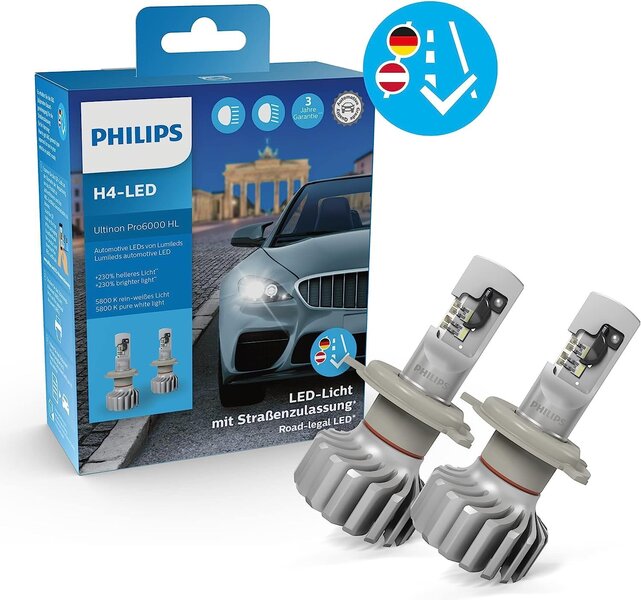 Philips Ultinon PRO6000 H4 LED -ajovalovalaisin kadun hyväksynnällä, +230% kevyempi valo, 5800 000