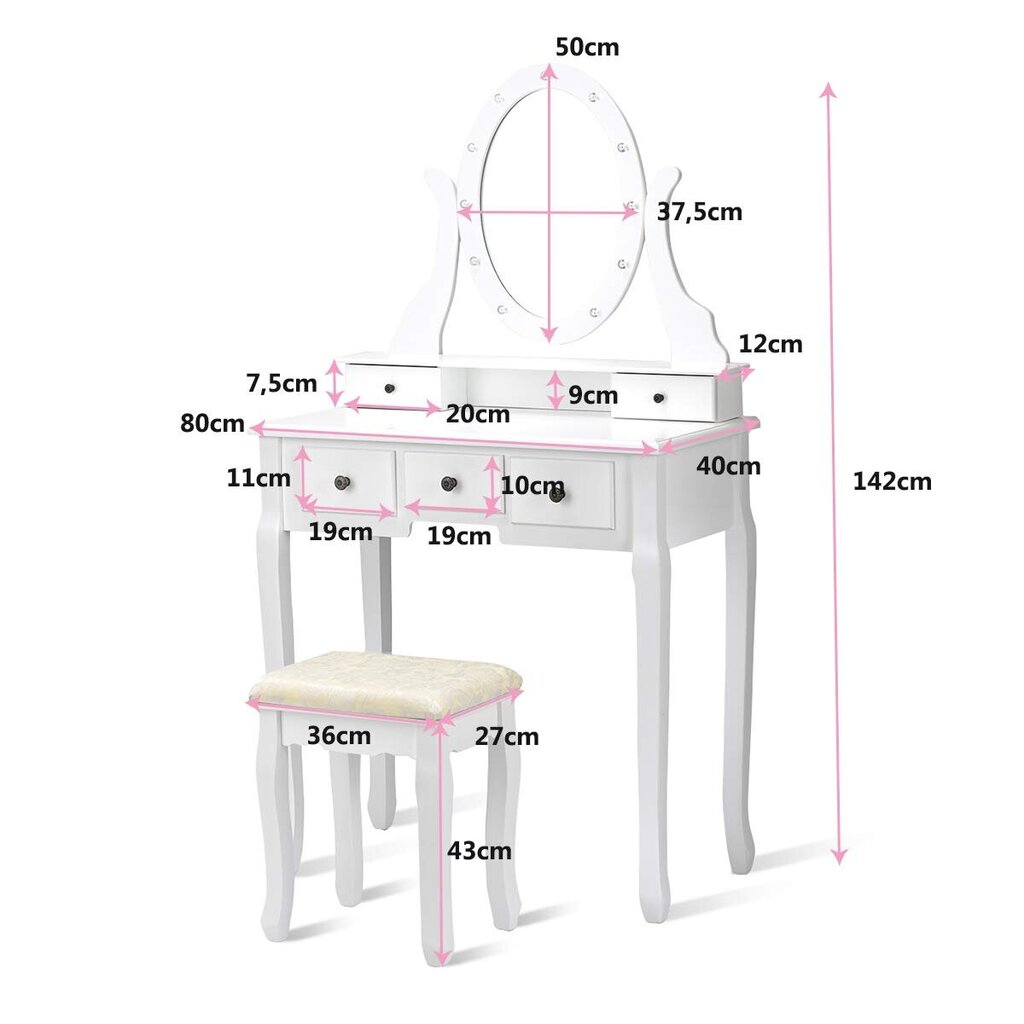 Kosmetiikkapöytä KS165LED valo pehmeällä tuolilla, valkoinen hinta ja tiedot | Peilipöydät | hobbyhall.fi