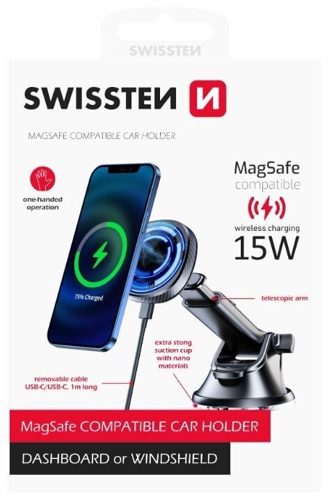 Swissten magneettinen autoteline langattomalla laturilla 15 W (MagSafe-yhteensopiva) hinta ja tiedot | Puhelintelineet | hobbyhall.fi