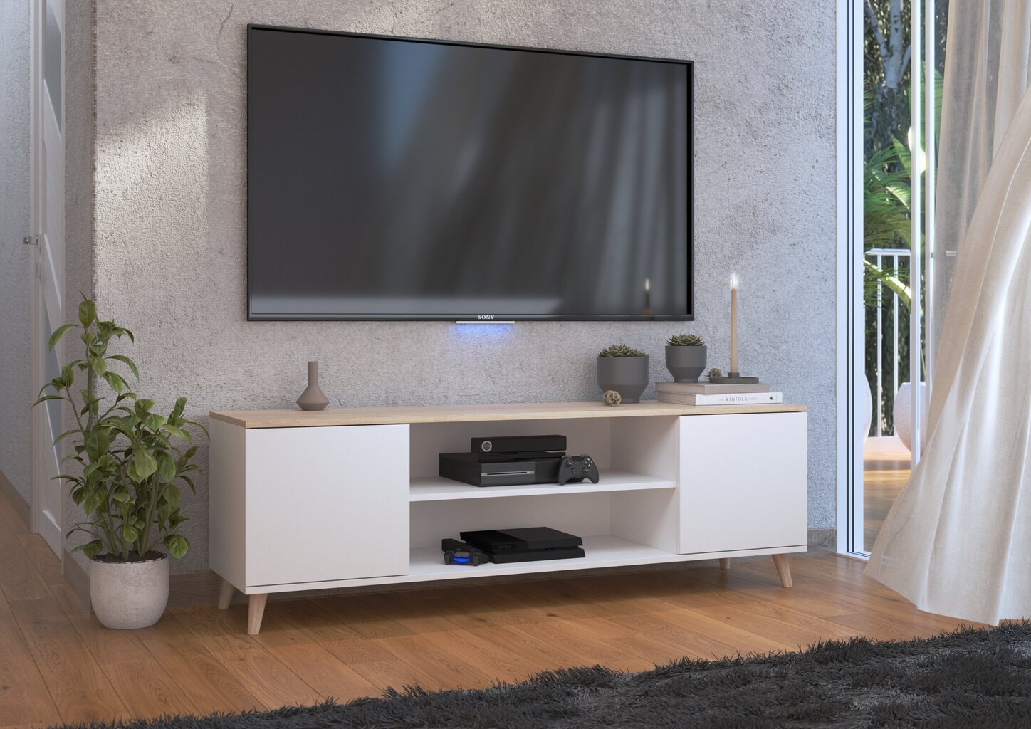 TV-pöytä ADRK Furniture Petra, valkoinen / tammi hinta ja tiedot | TV-tasot | hobbyhall.fi