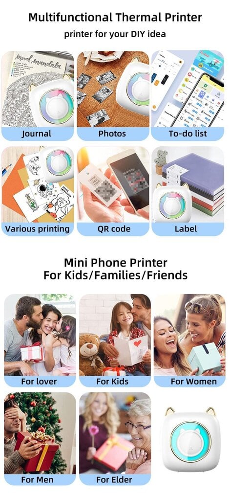 Cat Mini Printer Kids + lahja (3 värirullaa) hinta ja tiedot | Tulostimet | hobbyhall.fi