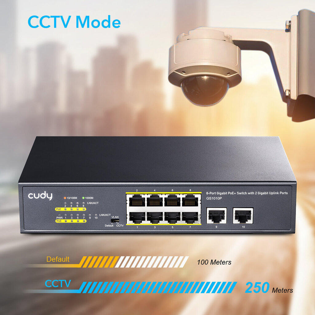 Cudy GS1010P 8-porttinen PoE+ -kytkin 2 Gigabit Uplink -portilla, 120 W hinta ja tiedot | Verkkokytkimet | hobbyhall.fi