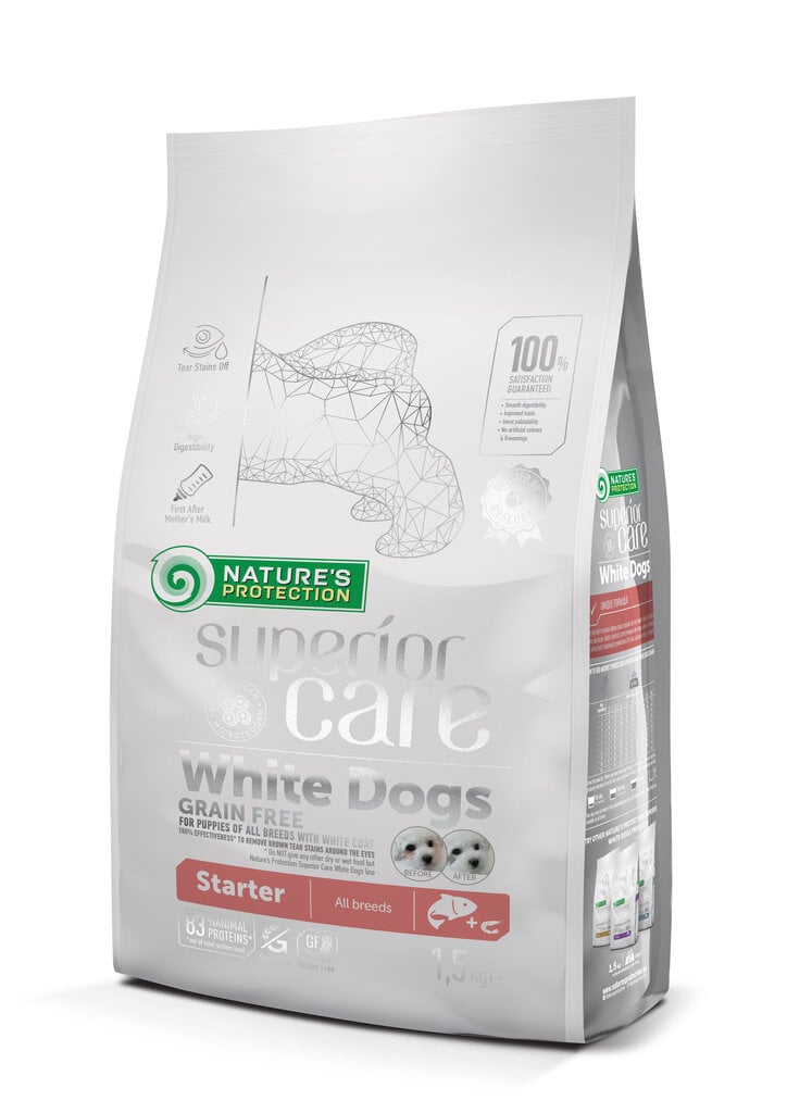 Kuivaruoka kaikille roduille nuorille koirille, joilla on valkoinen turkki Nature's Protection Superior Care White Dogs Grain Free Salmon Starter All Breeds, 1,5 kg hinta ja tiedot | Koiran kuivaruoka | hobbyhall.fi