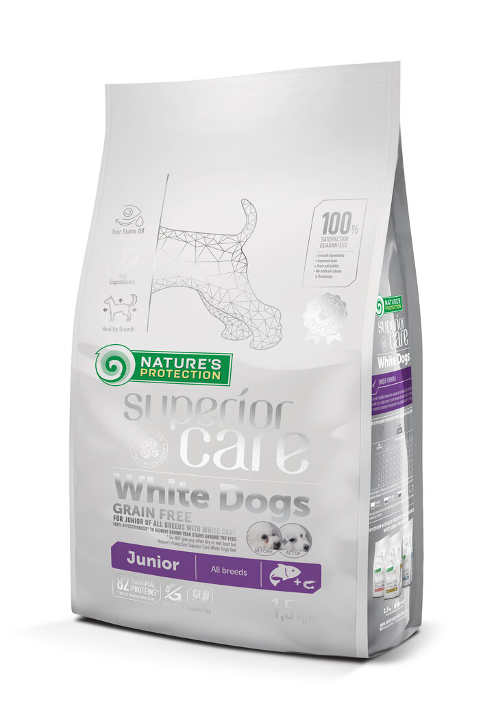 Nature's Protection Superior Care White Dogs Grain Free Salmon Junior All Breeds -ruoka kaikenrotuisille nuorille pennuille, 1,5 kg hinta ja tiedot | Koiran kuivaruoka | hobbyhall.fi