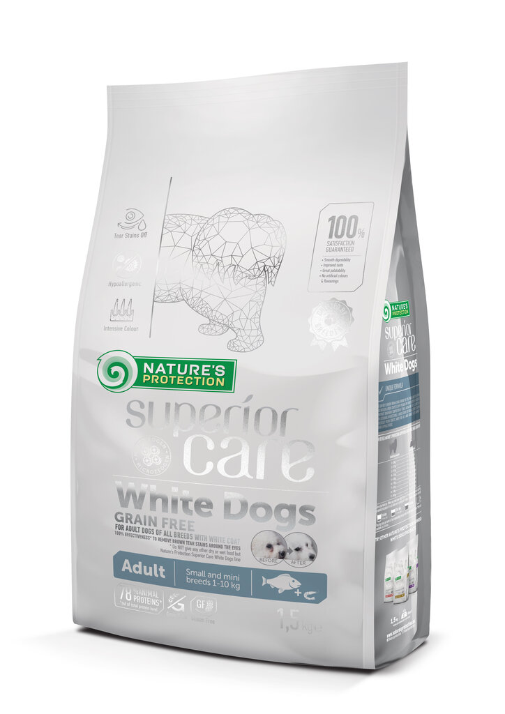 Kuivaruoka aikuisille pienille ja hyvin pienille roduille Nature Protection Superior Care White Dogs Grain Free White Fish Adult Small and Mini Breeds, 1.5 kg hinta ja tiedot | Koiran kuivaruoka | hobbyhall.fi